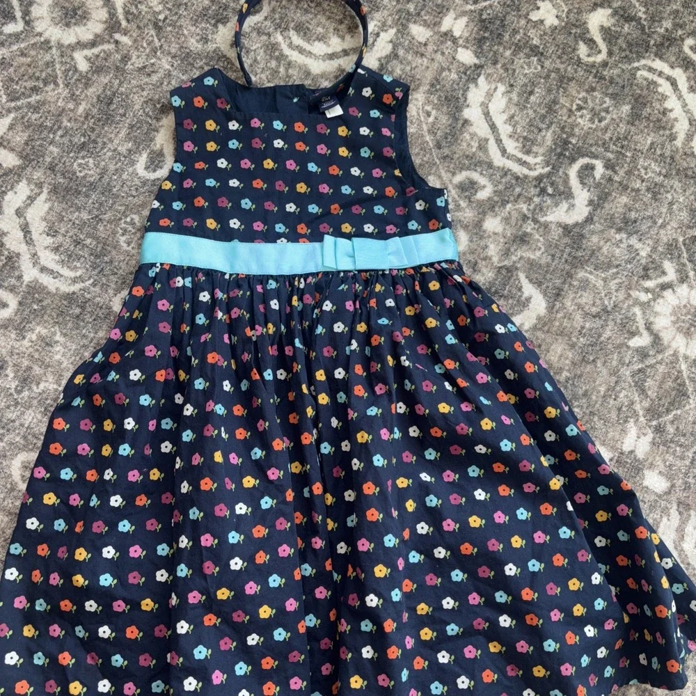 VTG Kids Gap Navy Blue MultiColor Floral Ribbon Dress Sleeveless Size 4 Headband